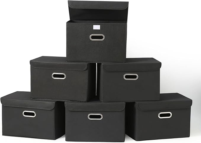 Fabric Foldable Collapsible Storage Cube Bin Organizer Basket with Lid, Handles, Removable Divider for Home, Closet (Black, 6Pcs) by SEVENDOME