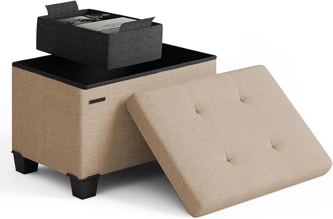 Storage Ottoman Cube with Small Bin, 16-in Square Ottoman with Storage for Living Room and Bedroom, Small Ottomans Foot Rest, Fabric Foot Stools Ottomans Max 330lbs, Taupe by STORAGEBUD
