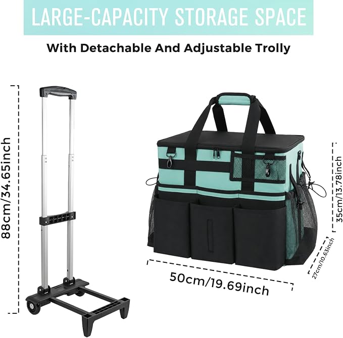SCAVATA Rolling Cleaning Caddy Bag with Detachable Trolley & Wheels | Large Cleaning Supply Organizer, Portable Multi-Pocket Cleaning Cart for Housekeeper, Adjustable Shoulder Strap, CyanBlue - Image 5