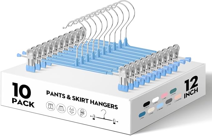 Pants Skirt Hangers with Clips, 10 Pack, Sky Blue, 12 Inch | Non-Slip,Adjustable metal wide clips,Space-Saving,Heavy duty, for pants/skirt/dress/trousers/jeans/shorts/leggings,Women - Image 2
