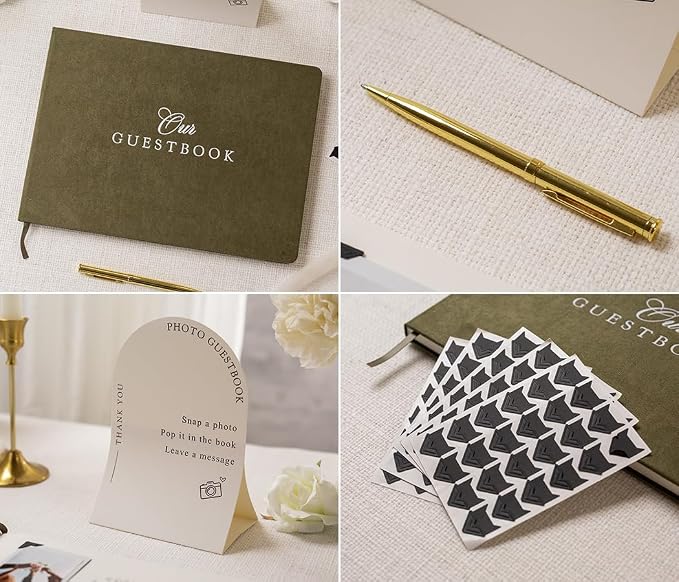 Velvet Photo Guest Book Set (Olive) - Photo Corner Stickers, Gold Pen, Sign | Green A4 Hardcover 11.5 x 8.5 Memory Book | Our Guestbook | Engagement Bridal Shower Wedding Ceremony Reception Keepsake - Image 7