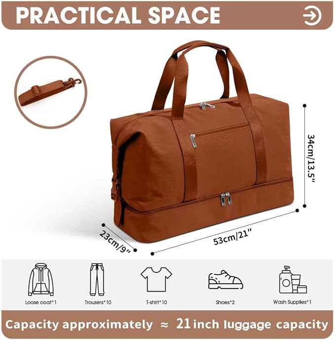 Oeihuivt Weekender Bags for Women 21 Inch Large Travel Duffel Bag Set with Shoe Compartment, Heavy-Duty nylon Carry On Overnight Tote Brown - Image 3