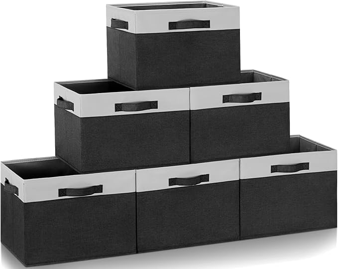 GhvyenntteS Large Storage Baskets for Shelves 6 Pack, Collapsible Fabric Storage Bins with 3 Handles, Decorative Closet Organizers and Storage bins for Clothes Blanket Beddings (Black, 15"x11"x9.6") by GhvyenntteS