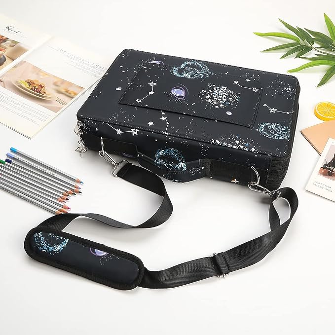 384 Slots Pencil Case, 4-Layer Organizer with Shoulder Strap | 4-layer twill oxford case with 384 elastic slots, carry handle, removable strap, and outer pocket for phone or keys. - Image 6
