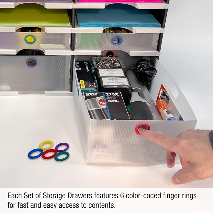 Ultimate Office TierDrop Storage Drawers, 9w x 12d x 4.75h, Set of 2, Clear | Color-coded finger rings for easy access to contents; stores desk accessories and supplies; designed for TierDrop organizers - Image 5