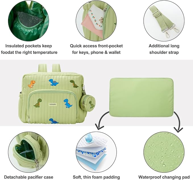Diaper Bag Backpack with Changing Pad - Travel Baby Bag, Insulated Bottle Pockets, Stroller Straps (Medium - Green Dinosaurs) - Image 6