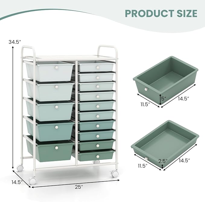 GOFLAME 15-Drawer Rolling Storage Cart, Craft Storage Cart with Removable Drawers & Lockable Wheels, Art Cart Supply Storage Organizer for Home Office Classroom, Green Gradient - Image 3