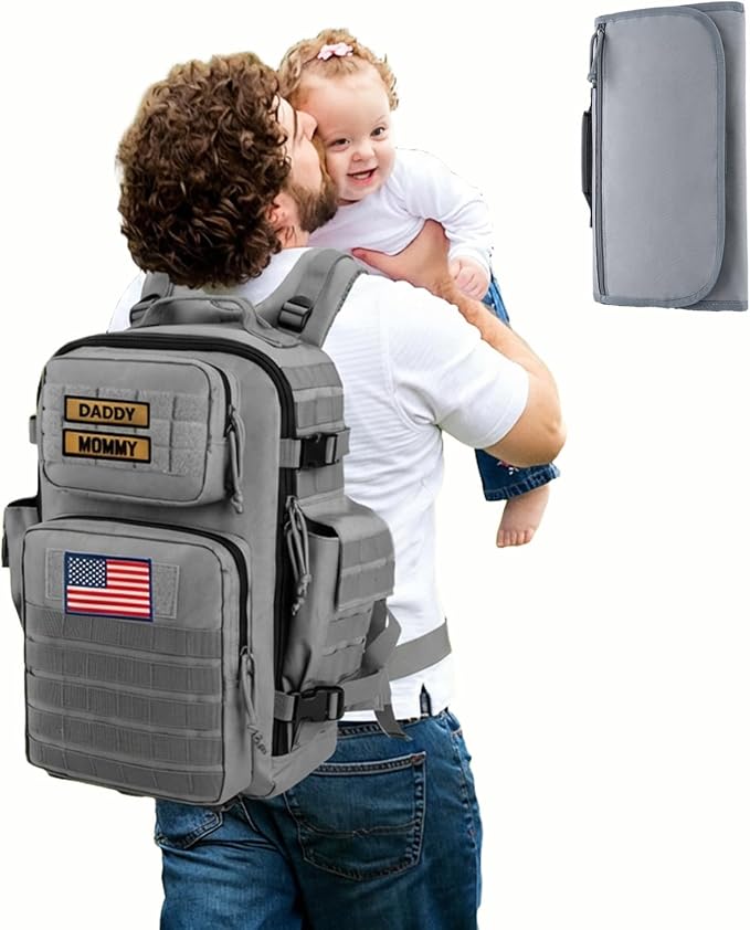 SHARKMOUTH Baby Diaper Bag for Dad - Large Military Daddy Gear Backpack with Changing Pad for Travel Camping Hiking - Newborn Baby Shower Gifts Gray by SHARKMOUTH