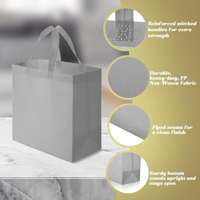 Reginary 100 PCS Non Woven Tote Bags Bulk,Gray | Reusable Shopping Bags with Handles, Stores, Groceries Markets, Events Gift, Party Supplies - Image 4
