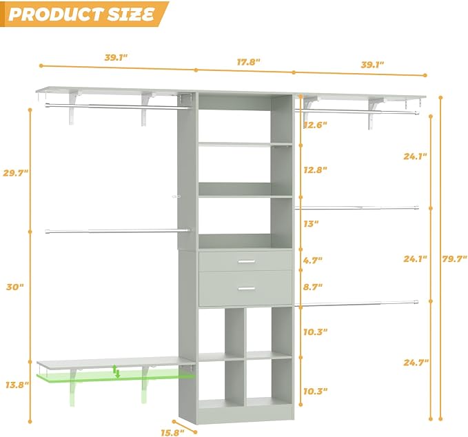 Closet System - 4.75-8FT Closet Organizer System with Wooden Drawers & Cube Storage Organizer, Up To 96" Closet Systems for Nursery & Walk-In Closets with Cuttable Hanging Shelving, Crab Green - Image 3