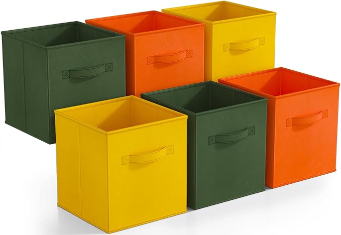Sorbus Foldable Storage Cubes - 6 Fabric Baskets for Organizing Pantry, Shelf, Toy Box, Cubby, Closet Organizer - 11 Inch Collapsible Closet Organizers & Storage Bins (Dark Yellow, Green, & Orange) - Image 8