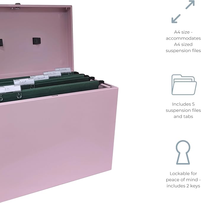 Cathedral Products A4 Steel File Box with Starter Pack of 5 Suspension Files - Pastel Pink - Image 4