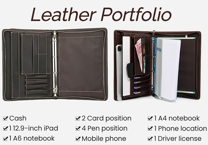 Zippered Padfolio Organizer, Leather Planner Binder, 12.9 Inch Portfolio Folder for Documents, Letter Size Business Card Tablet Document Holder for Men&Women - Image 3