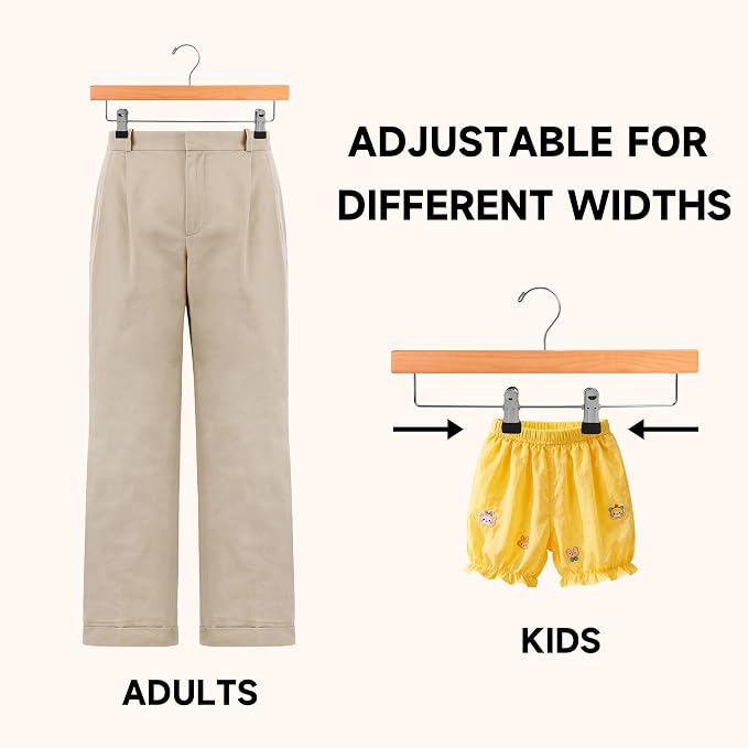 24-Pack 14" Wood Pants Hangers, Adjustable Non-Slip Clip, Natural Wood | Solid Wood Material, Bottom Hangers with 360° Swivel Hook, Space Saving Hangers for Skirts, Slacks, Trousers, Jeans - Image 5
