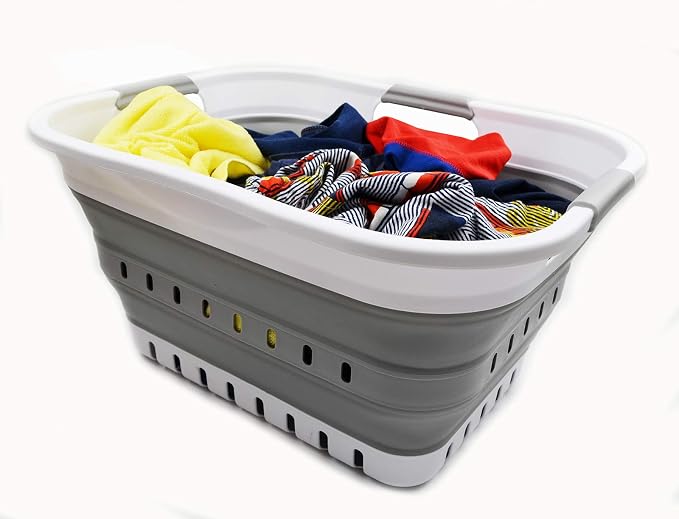 SAMMART Set of 2-30L (8 gallon) Collapsible Plastic Laundry Basket - Foldable Pop Up Storage Container/Organizer - Space Saving Hamper/Basket (2, White/Grey) - Image 6