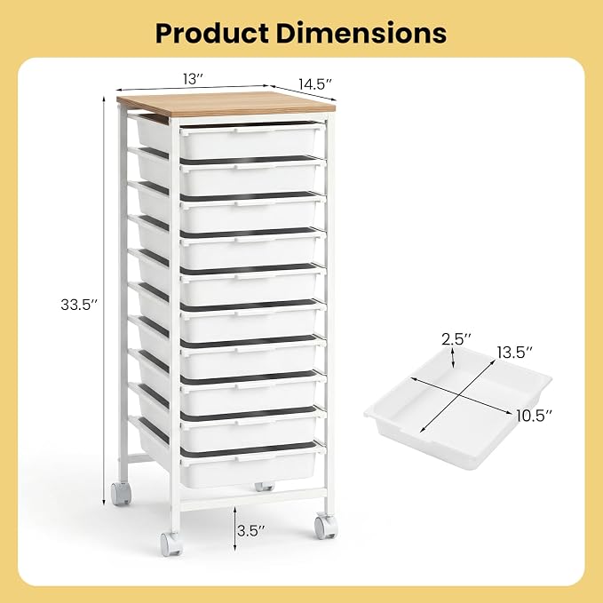 GOFLAME 10-Drawer Rolling Storage Cart, Craft Storage Cart with Wooden Tabletop and Lockable Wheels, Art Cart Supply Storage Organizer with Metal Frame for Home Office Classroom, White - Image 3