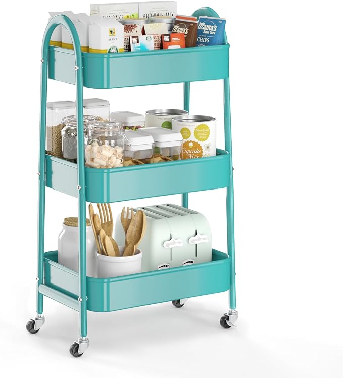 3 Tier Utility Rolling Cart, Metal Storage Cart with Handle and Lockable Wheels, Multifunctional Storage Organizer Trolley with Mesh Baskets for Kitchen, Living Room, Office, Garage (Turquoise) by EAGMAK