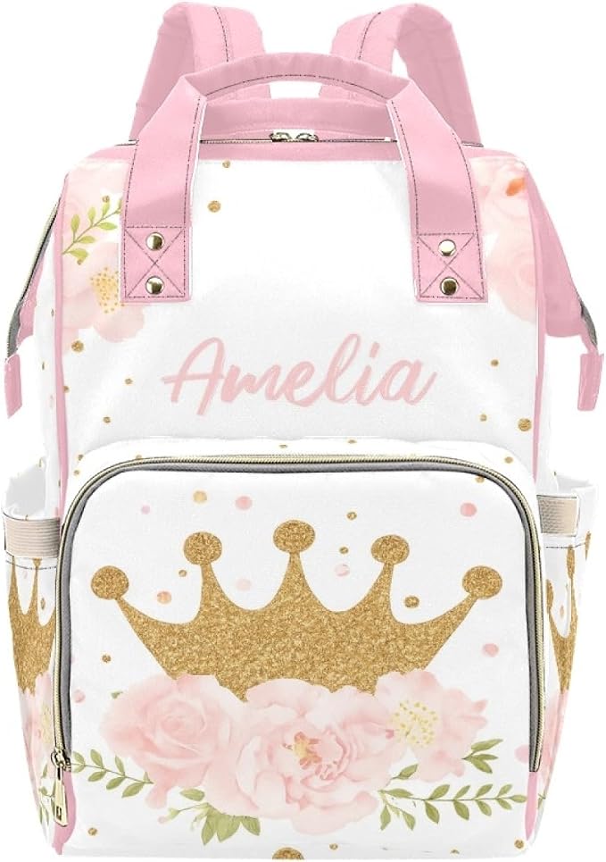 Personalized Crown with Flower Diaper Bag Backpack with Name – Waterproof Custom Baby Nappy Bag with Large Capacity & Multi Pockets – Shower Gift for Baby for New Parents by Unknown