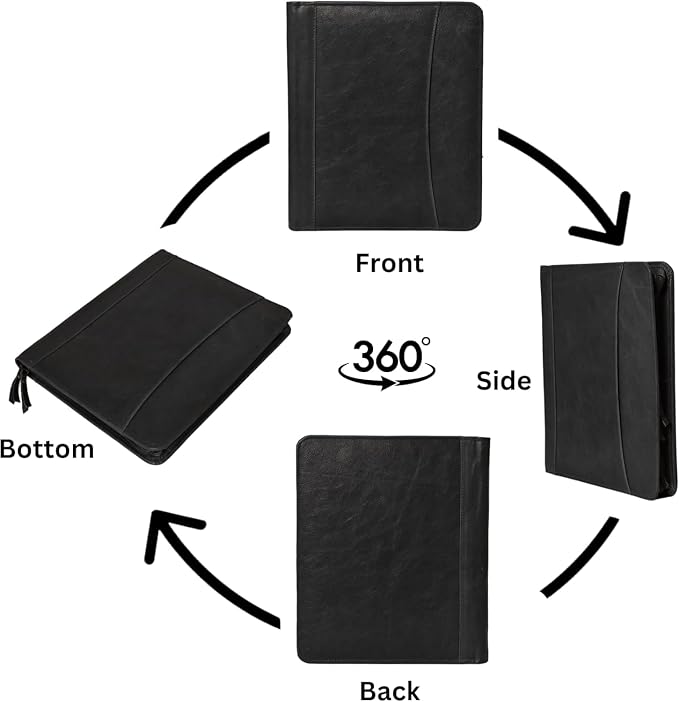 Genuine Leather Portfolio Organizer with Zipper for Men Women, Padfolio Business Resume A4/Pad, Folder Organizer, Legal Pad Holder with Card Slots, Zippered Padfolio for Business Documents, Black - Image 3