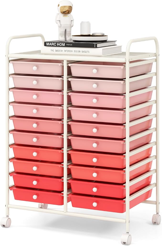 RELAX4LIFE 20 Drawer Rolling Storage Cart, Mobile Rolling Cart w/Drawers for School Classroom Teacher Office Home Salon, Paper File Art Supply Craft Organizer, Utility Cart on Wheels (Gradient Pink) by RELAX4LIFE