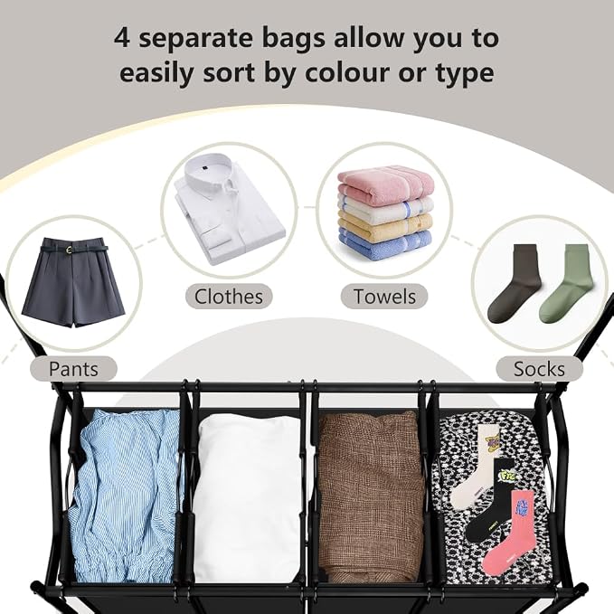 LUCKUP Laundry Sorter 4 Sections with Hanging Bar, 4 Bags Laundry Hamper Rolling Laundry Basket Cart with Lockable Wheels for Laundry Room Bathroom Bedroom, Black - Image 4