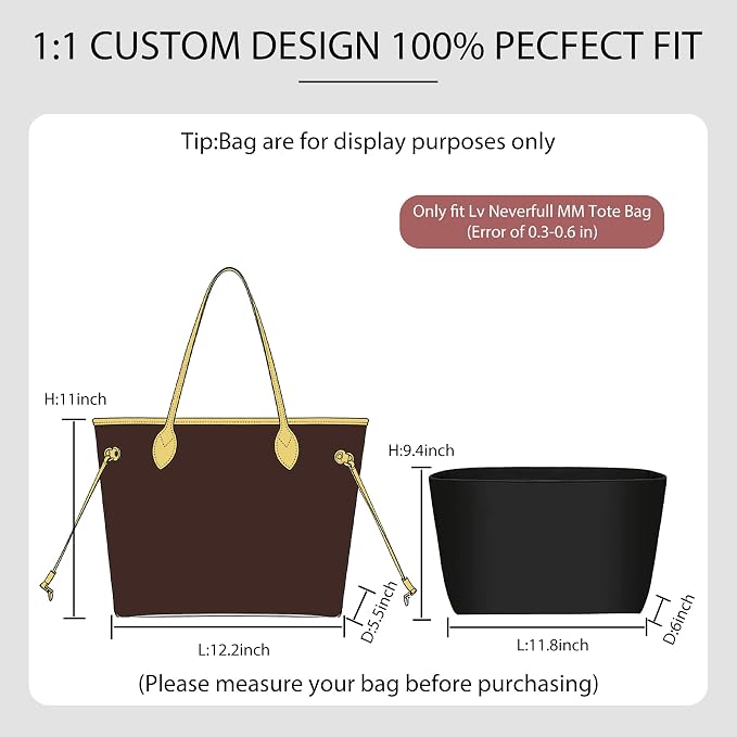 Tote Bag Organizer Insert with Laptop Sleeve for Lv Neverfull MM | Nylon Neverfull MM Organizer, 6 Compartments Storage, Zipper Pocket, Bottle Holder, Fits 13 Inch Laptop, Bag Protector, Black - Image 2