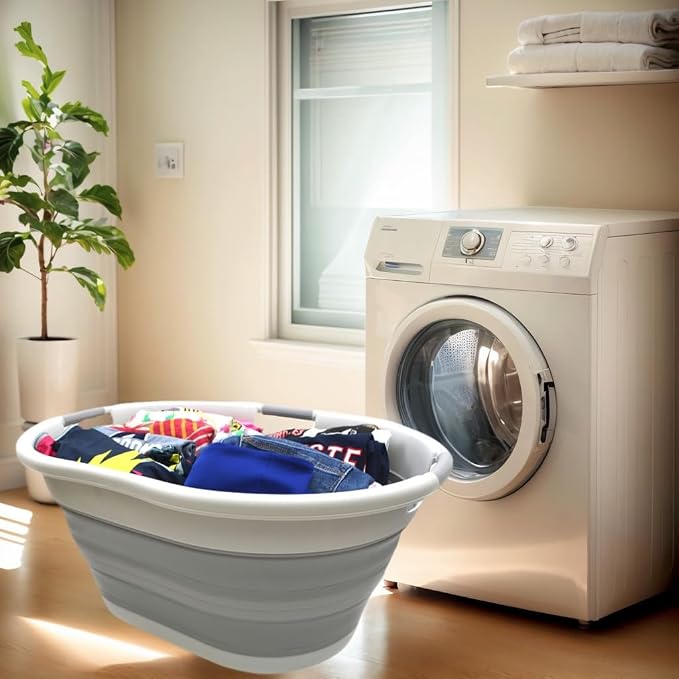 SAMMART 57L (15 Gallons) Collapsible 3-Handled Plastic Laundry Basket - Oval Tub - Portable Washing Tub-Space Saving Laundry Hamper, Water Capacity 44L / 11.6 Gallon (2, Grey/Grey) - Image 2