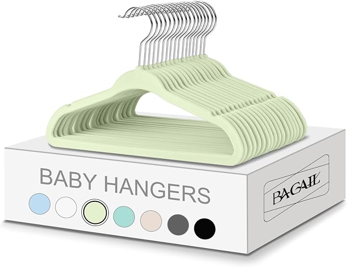 BAGAIL 50 Pack Kids Velvet Hangers 14 Inches Children's Clothes Hangers Non-Slip Baby Hangers for Infant/Toddler (Lime Cream) by BAGAIL