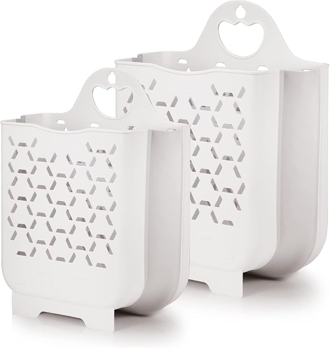 Collapsible Laundry Basket 2Pack,Space-Saving Hanging Clothes Hamper,White | Small plastic hamper, hung on wall/door. Ventilated, slim & portable. Narrow for bathroom, kitchen, travel, dorm, nursery. - Image 8