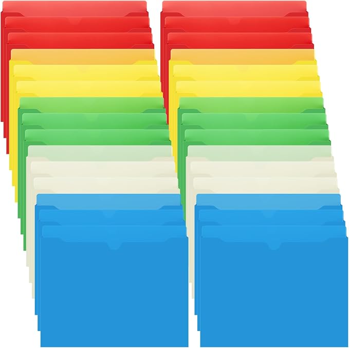 Dunzoom 50 Pack File Jackets Letter Size 2 Inch Assorted Expansion Manila Plastic File Folders Expandable Heavy Duty Reinforced Straight Cut Tab Expandable Document Jacket for Office by Dunzoom