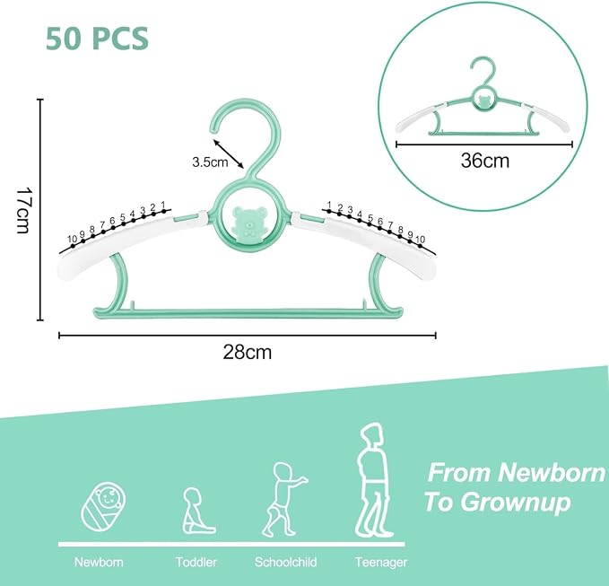 Baby Clothes Hangers 50 Pack, Plastic Kids Hangers Space Saving for Closet | Green Hanger for Toddler Boy and Girl, Lightweight Anti-Slip Cascading Padded Extendable Adjustable Pant Bear Children Hangar - Image 2