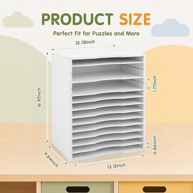 Ripeng 1 Pack Bamboo Puzzle Holder Rack, 12-Tier Adjustable Storage Organizer for Flat and Thick Jigsaw Puzzles, Space Saving Desktop Shelf, Gift for Craft Jigsaw Puzzle Lovers (White) - Image 3