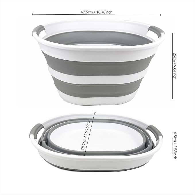 SAMMART Collapsible Plastic Oval Laundry Basket 23L (6 Gallons) -Foldable Storage Container/Organizer - Portable Washing Tub - Space Saving Hamper for Laundry, Camping & Home (White/Grey) - Image 2