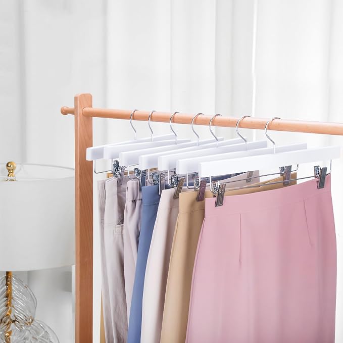 Nature Smile Deluxe Wooden Pants Hangers, White, Pack of 28 | Solid Wood Bottom, Jeans Hanger, Skirt Hanger, 2-Adjustable Clips - Image 4