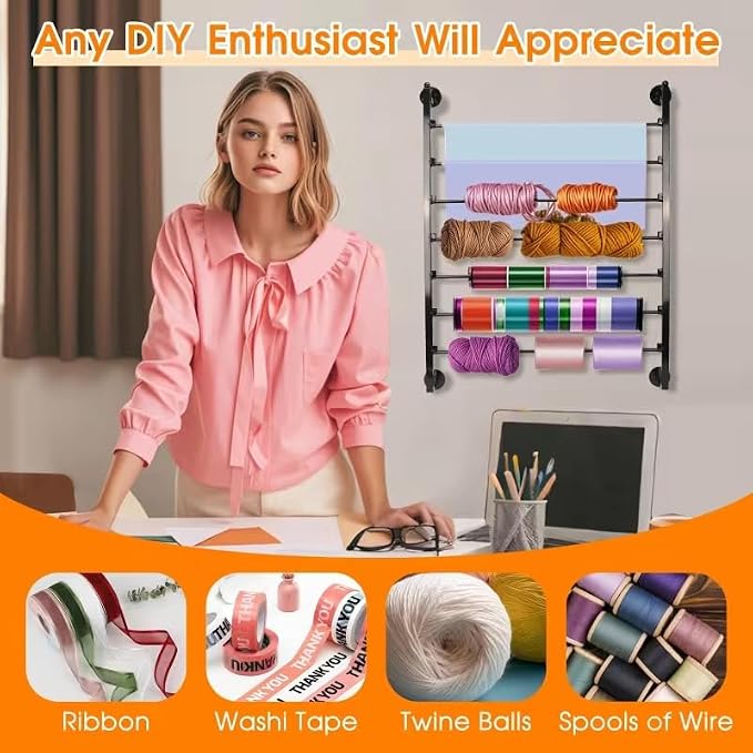 7-Tier Wall Mount Ribbon Holder Organizer Rack | Large Capacity Metal Ribbon Storage for Craft Room, Wrapping Paper, Scarf, Belt & Flower Shop Display - Image 5