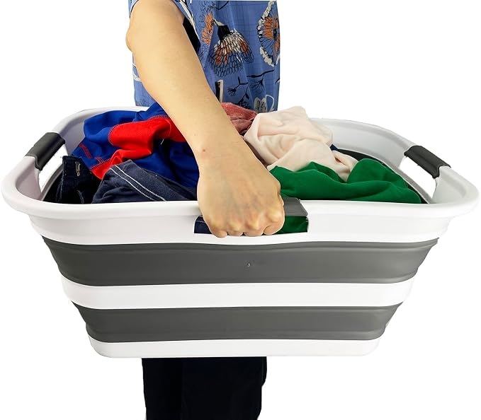 SAMMART Set of 2 Collapsible Plastic Laundry Basket/Organizer-Washing Tub-Foldable Pop Up Storage Container-Space Saving/Portable Hamper. Ideal for Home, Travel, Dorm & Camping (White/Steel Grey, 42L) - Image 9