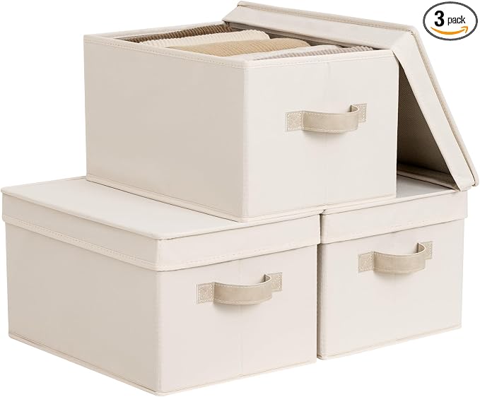 StorageWorks Storage Bins with Lids, Storage Basket with Lid, Closet Bins | Lidded Dust-proof, Easy Pull Handles, Foldable, Stackable, Ideal for Clothes Blanket Towel, Large, Cream White, 3-Pack by StorageWorks