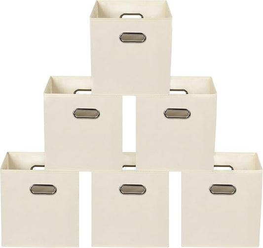 Yunkeeeper storage bins Cubes, Fabric Cube Organizer with Handle, Foldable Cube Bins for Cloth or Accessary Storage, 11x11x11, Set of 6, (Creamy White) by Yunkeeper