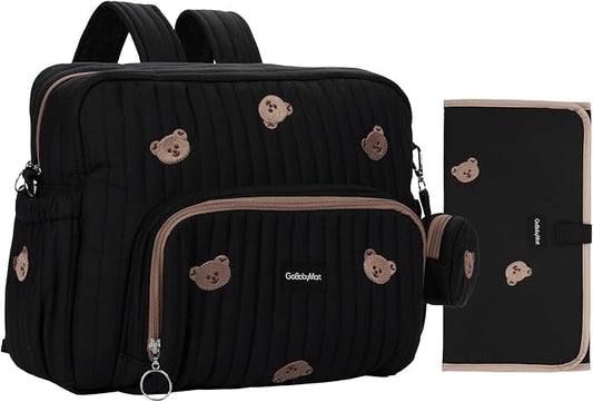 Diaper Bag Backpack with Changing Pad - Travel Baby Bag, Insulated Bottle Pockets, Stroller Straps (Medium - Black Bears) by GoBabyMart