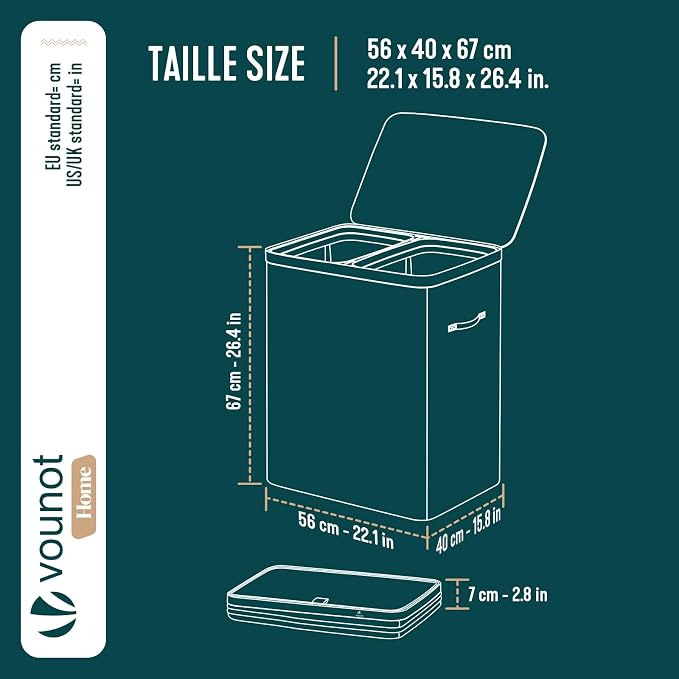 VOUNOT® 150L Laundry Basket with Lid, Rectangular 2 Compartment Laundry Hamper with Removable Bags & Handles, Foldable Laundry Bin for Bedroom, Bathroom, Utility Room, Beige - Image 3