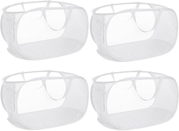 4 Pack Collapsible Laundry Baskets, Foldable Laundry Basket with Pocket, Durable Pop Up Hampers, Reinforced Handles Dirty Clothes Hamper for Laundry, Bedroom, Bathroom, Dorm, Travel or Camping White by Bemkoo