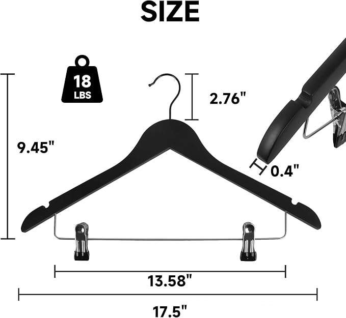 Wooden Hangers with Adjustable Metal Clips, 24-Pack, Black | Solid Wood Hangers with 360° Rotatable Hook for Skirt, Dress, Coats, Jacket and Pants, Space-Saving and Non-Slip Design - Image 2