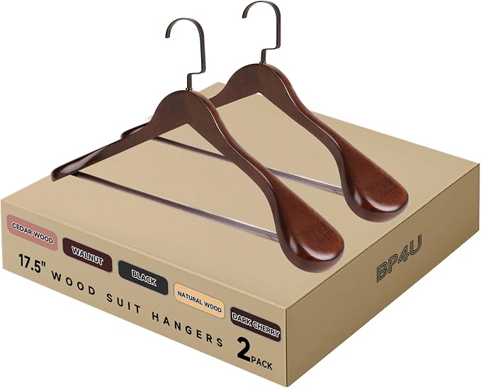 Wooden Suit Hangers with Non Slip Pants Bar, Walnut, 2-Pack, 17.5" | Wood Extra-Wide Shoulder Hangers with Flat-Head Hook for Suits, Coats, Jackets, Shirts, Pants, Heavy Clothes by BP4U%E2%84%A2