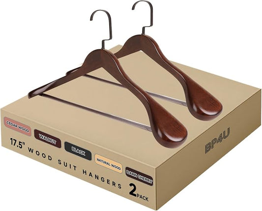 Wooden Suit Hangers with Non Slip Pants Bar, Walnut, 2-Pack, 17.5" | Wood Extra-Wide Shoulder Hangers with Flat-Head Hook for Suits, Coats, Jackets, Shirts, Pants, Heavy Clothes by BP4U%E2%84%A2