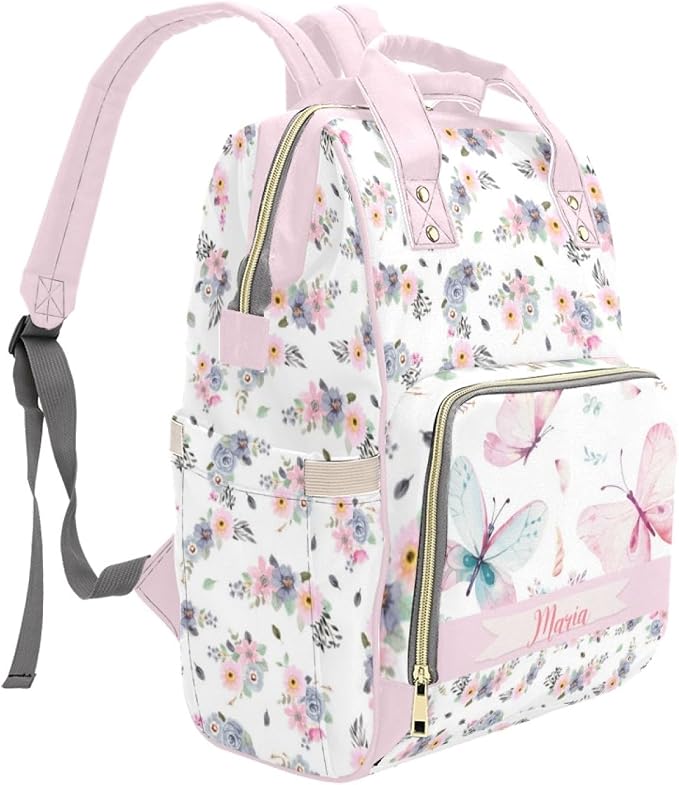 Custom Diaper Bag Backpack with Name Personalized Floral Butterfly Nappy Bag for Mommy Mother's Day Gift Customized Adjustable Shoulders Nursing Bag Daypack - Image 3