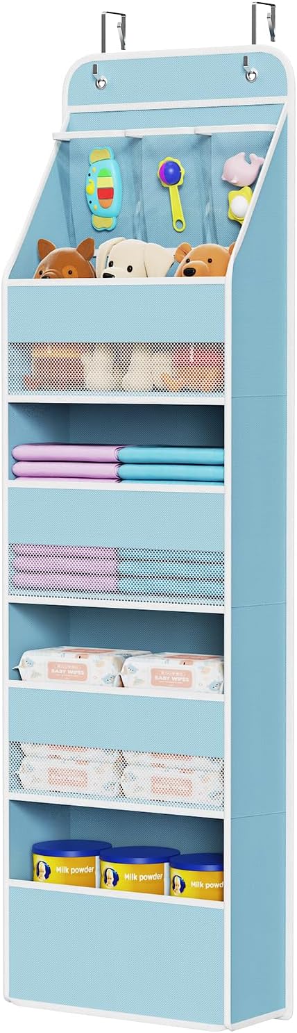 Univivi Fabric Over Door Hanging Organizer for Baby Nursery, Blue, 5-Shelf | Door Storage with Large Capacity Breathable Mesh Pockets, Over the Door Baby Organizer for Baby Essential, Bedroom, and Dorm by Univivi