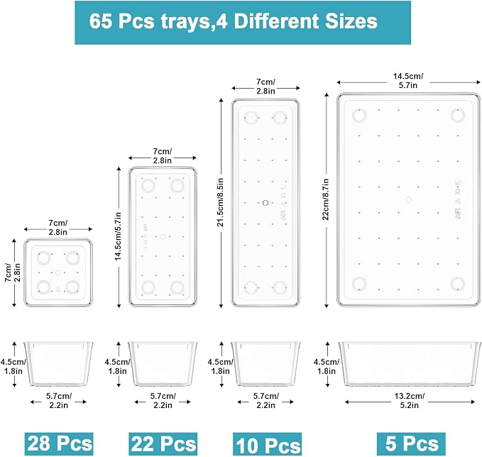 Manalete 65 Pcs Clear Plastic Drawer Organizer, Makeup & Vanity Organizer | 4-Size Versatile Desk Organizer & Storage Bins for Kitchen, Bathroom, Office, Jewelries, Easy Clean, Stackable, BPA-Free - Image 2