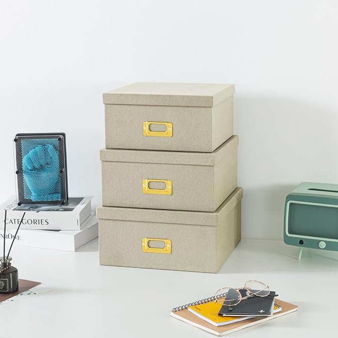 Soul & Lane - Light Gray Decorative Storage Boxes with Lids, Set of 3 | Square Stacking Kraft Photo Storage with Gold Label Holders, Nesting Cardboard Memory Boxes for Home Decor and Organizing - Image 6