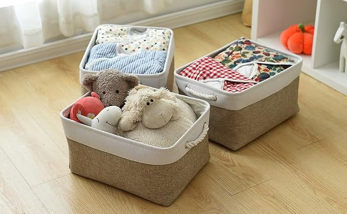 Storage Basket for Organizing - 16x12x8 inch Large 3 Pack Collapsible Storage Bin for Shelves with Handles, Fabric Storage Cubes for Organizer Cloth Gift Toy Closet (Whiet & Khaki) - Image 3