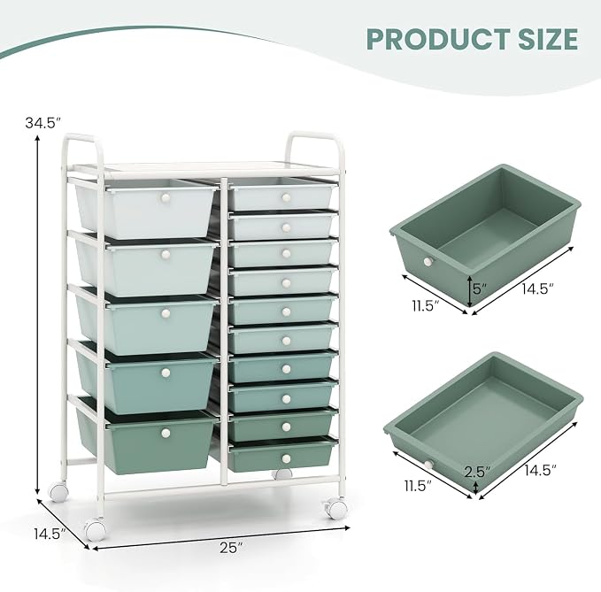 DREAMADE Rolling Storage Cart with 15 Drawers, Utility Cart, Gradient Green | Mobile Craft Cart with Lockable Wheels for Art Supplies, Paper, Scrapbook & Office Storage in Home, Living Room & Study - Image 3